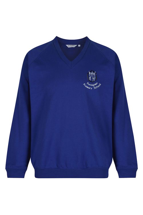 Cobalt blue v neck sweatshirt badged with Farington Primary School logo