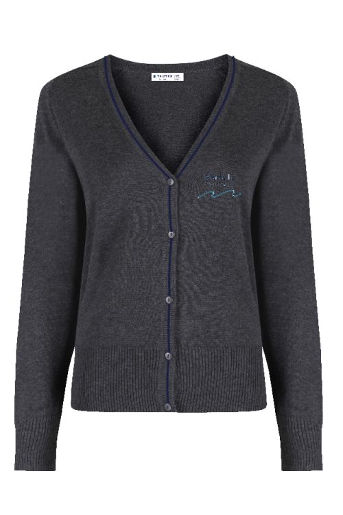 Grey v-neck knitted cardigan badged Martello Primary School logo