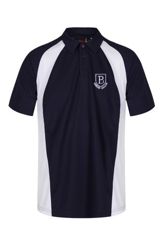 Senior navy sports polo badged with school logo