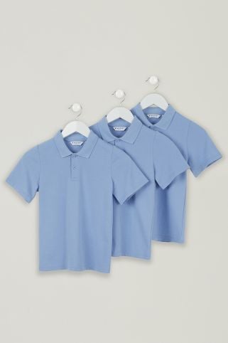 3 Pack Standard Fit Short Sleeve Polo Shirts Sky Blue (3-16 Years)